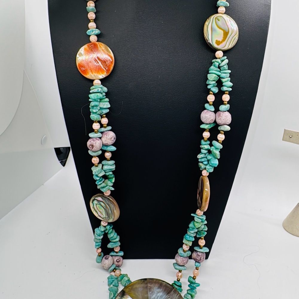 Genuine Turquoise, Abalone and Coral  Necklace. Vintage. 1/20th 12k gf findings